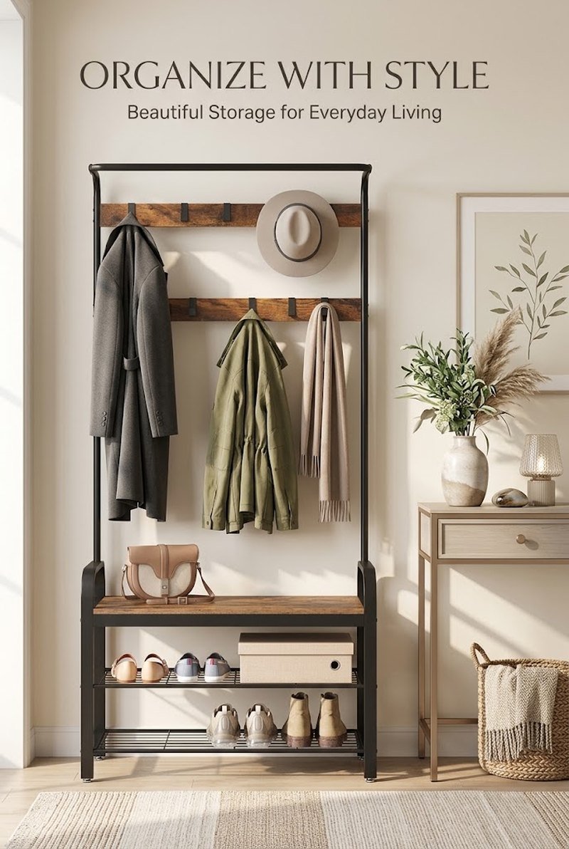 VASAGLE Coat Rack with Bench and Shoe Rack